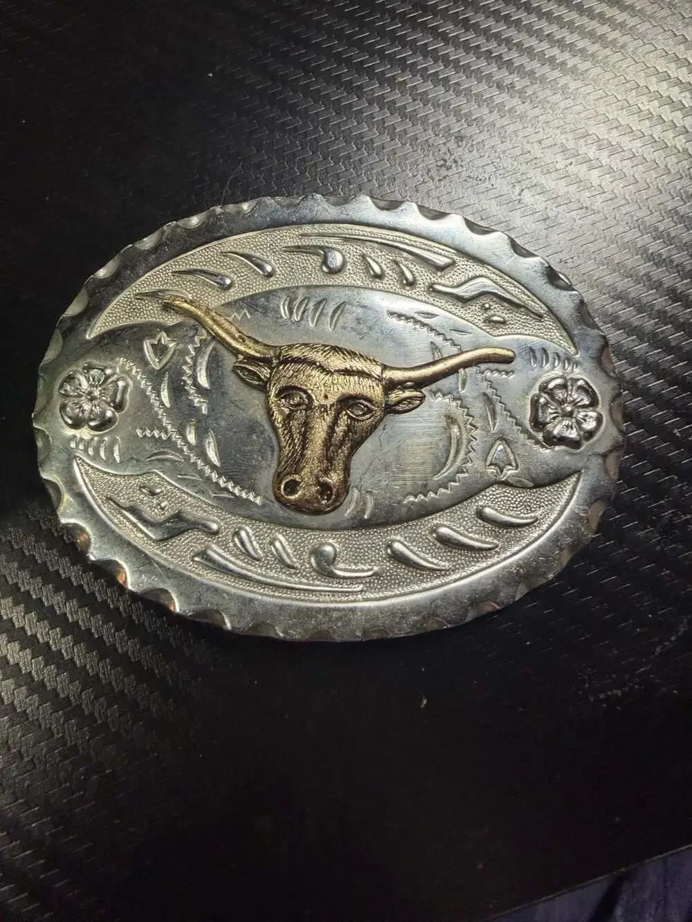 Vintage Western Longhorn Bull Silver & Gold Tone Scalloped Belt Buckle